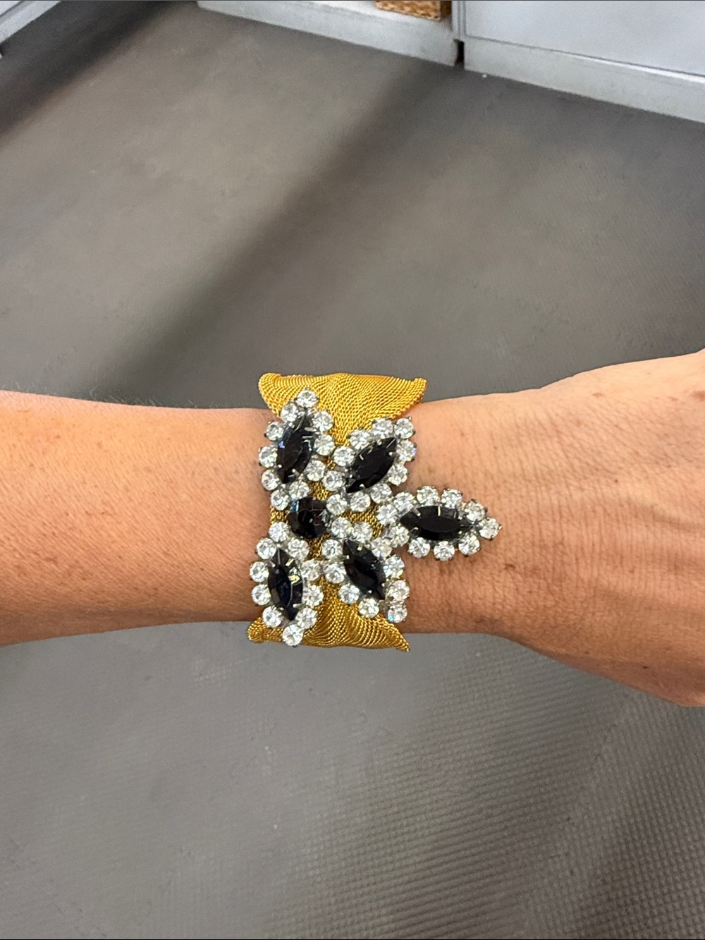 Vintage Gold Satin Metal Cuff Bracelet with Black onyx and Diamond Accents